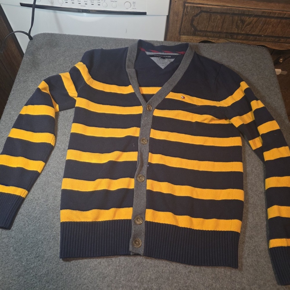 Tommy Hilfiger navy and yellow striped cardigan sweater Medium K2